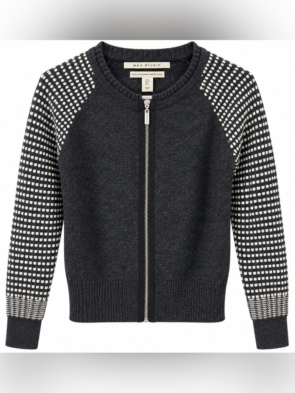 Max Studio 100% Extrafine Merino Wool Zip Cardigan Sweater Small